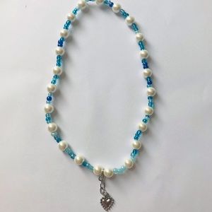 Blue and White Handmade Beads Pearl Necklace Heart